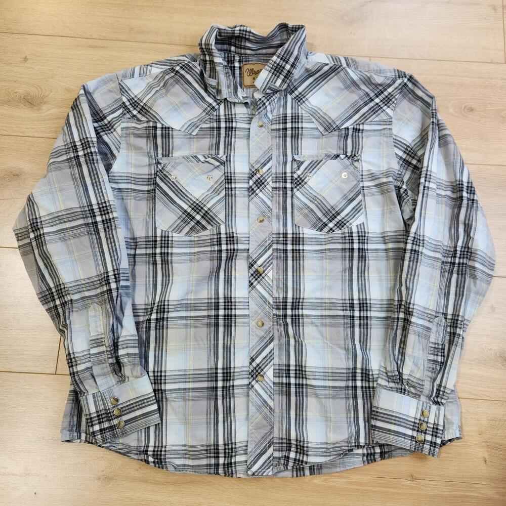 Wrangler Retro Western Shirt Mens XL Blue Plaid Pearl Snap Long Sleeve Cowboy